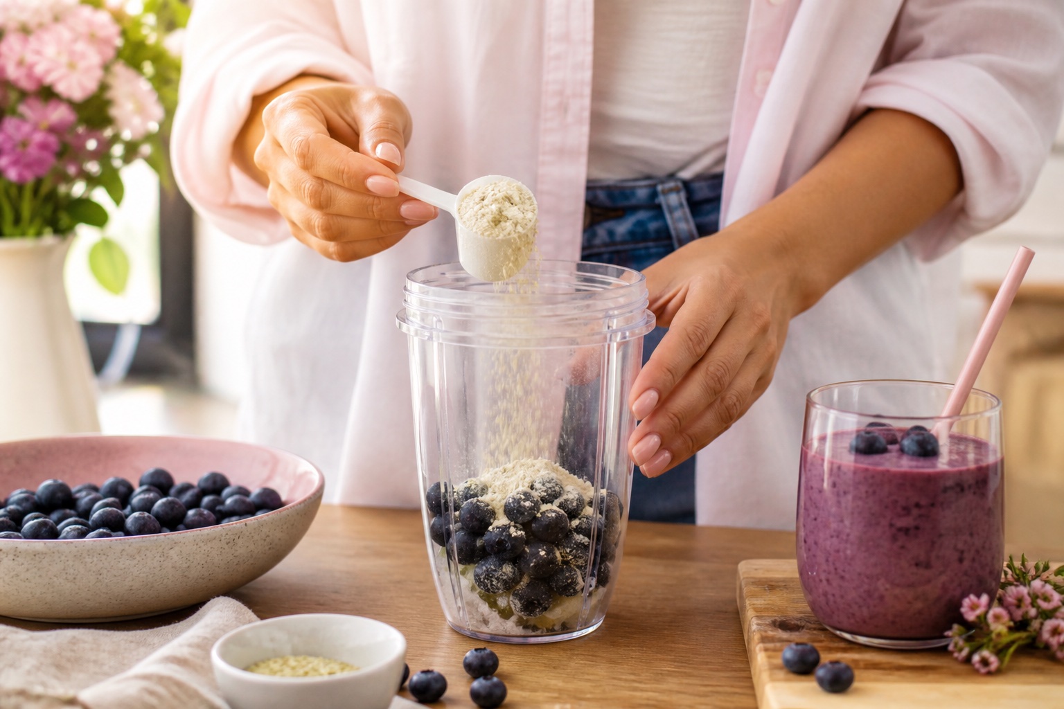 Woman adding a scoop of protein blend to blueberries in a blender cup