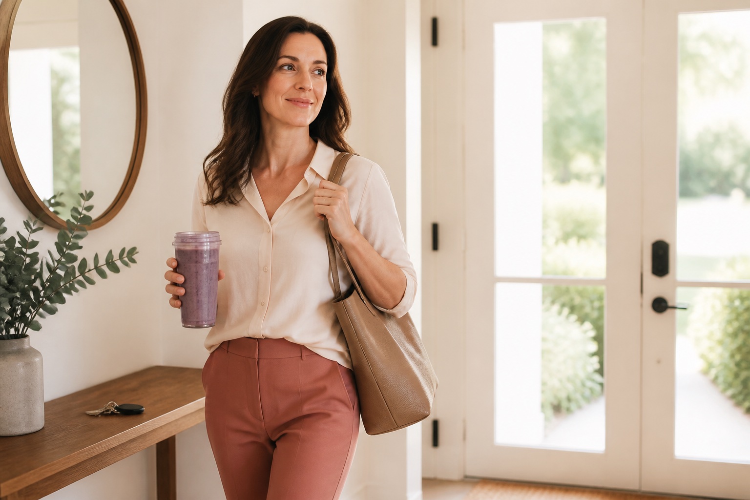 Woman leaving home with a blueberry smoothie and work tote
