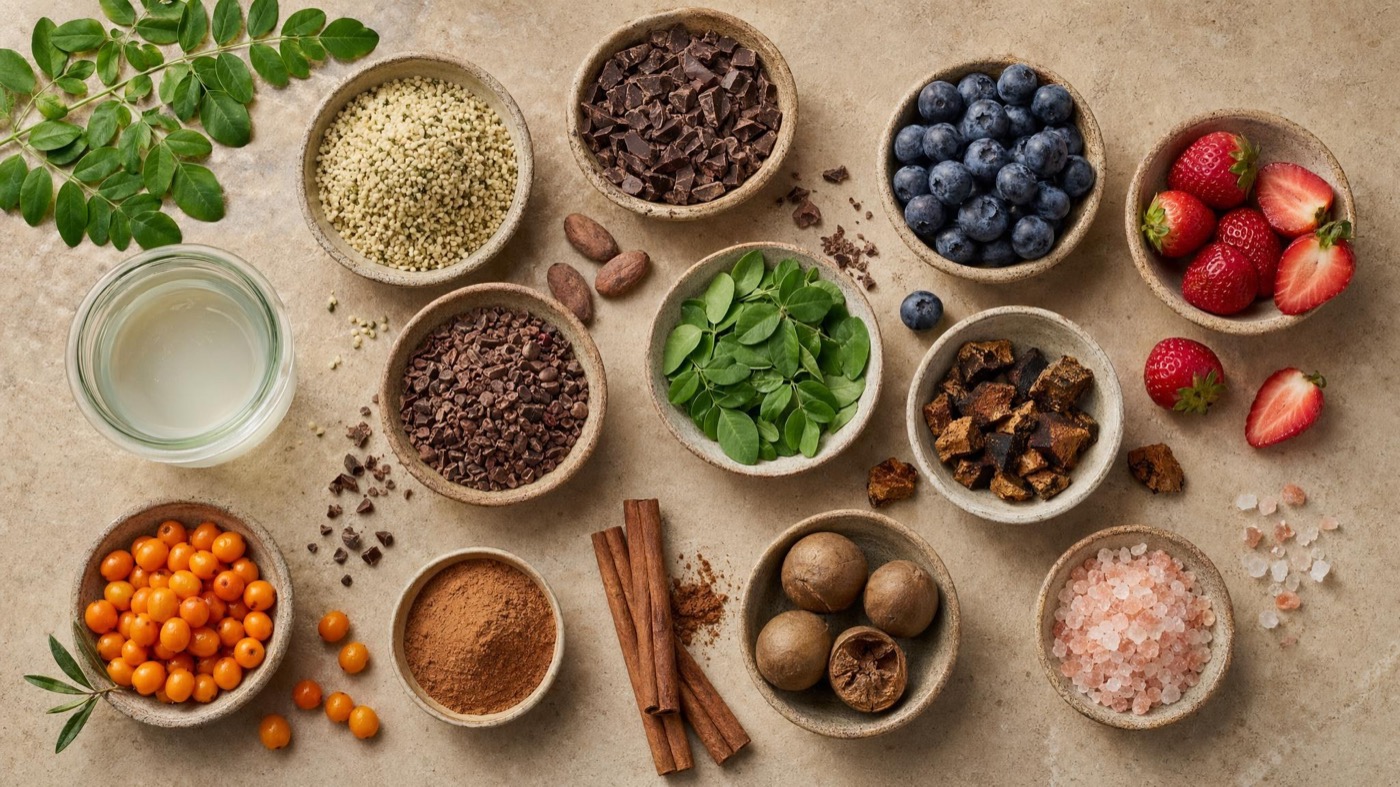 Whole-food ingredients arranged in bowls, including berries, cacao, hemp hearts, sea buckthorn, and pink salt